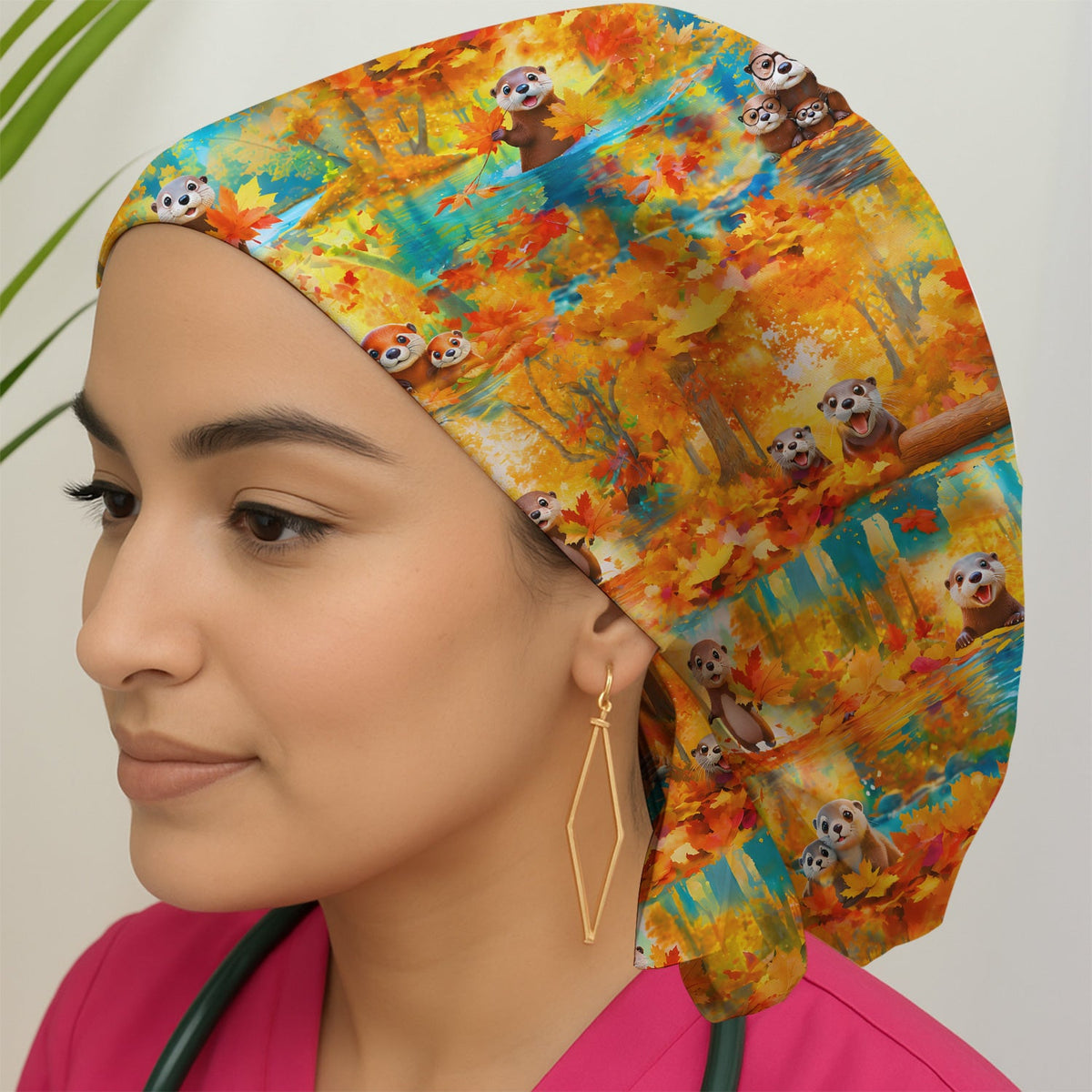 Cute Autumn Otter Leaf Forest Scrub Cap