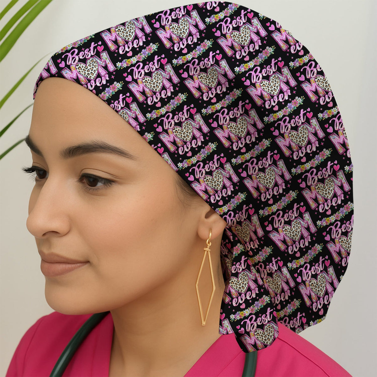 Best Mom Ever Leopard Heart Scrub Cap