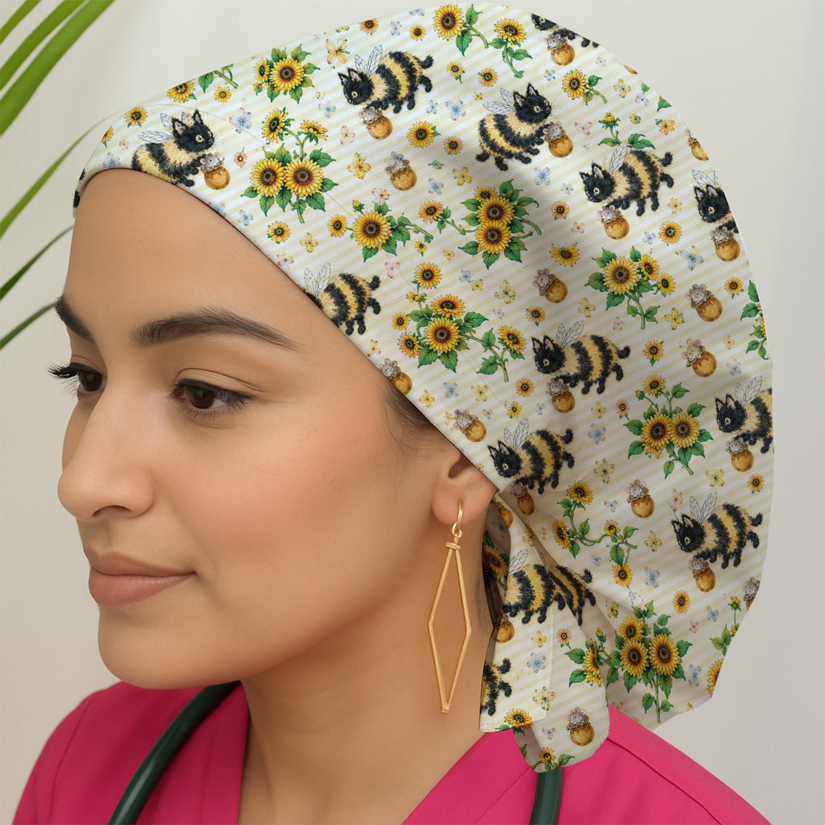 Bumblebee Cat Sunflower Scrub Cap