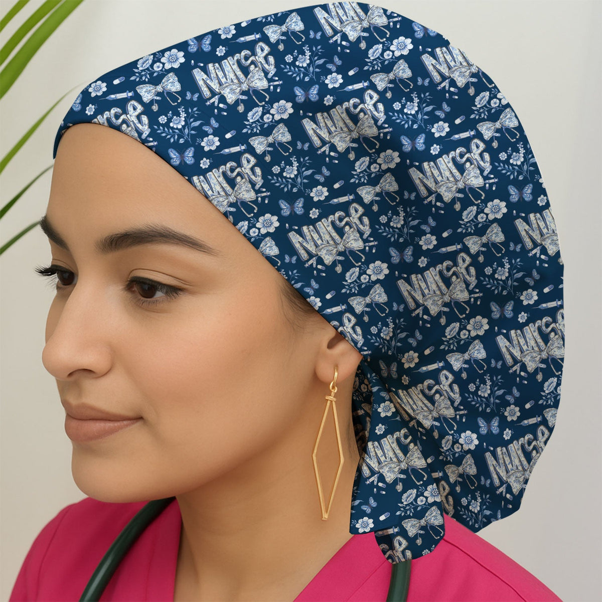 Blue Nurse Bow Butterfly Floral Scrub Cap