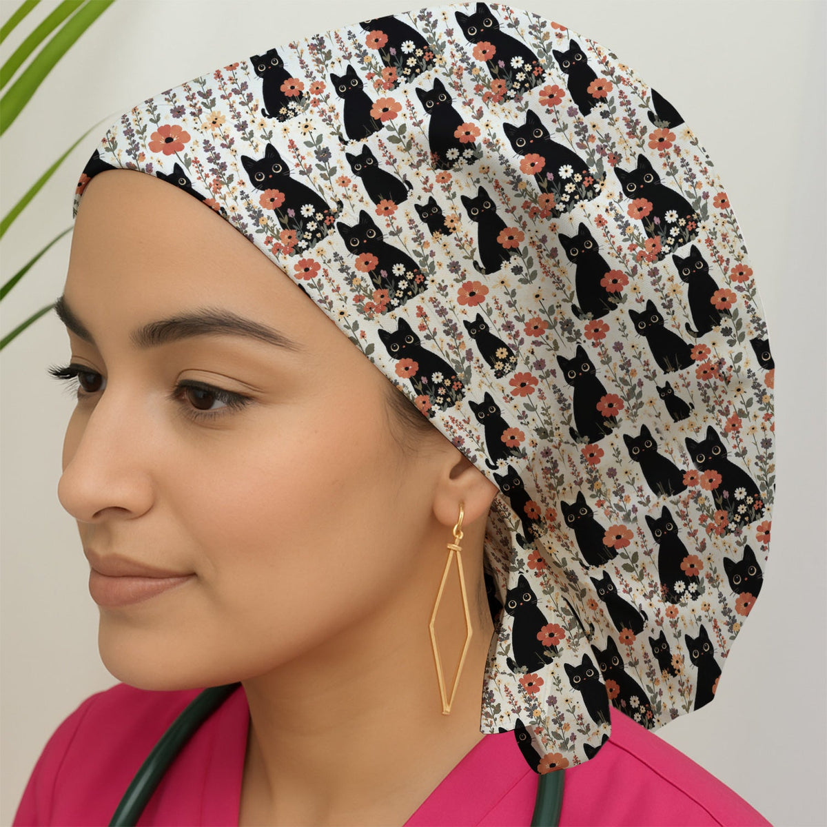 Cute Black Cat Wildflower Scrub Cap