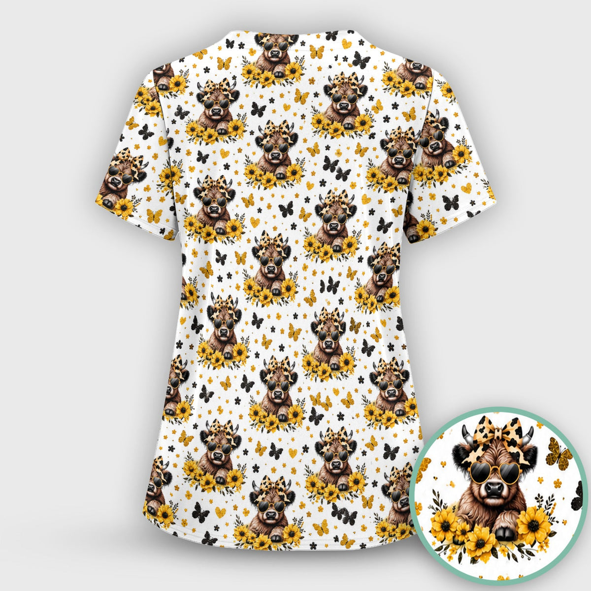 Cow Sunflower Bow Nurse Scrub Set