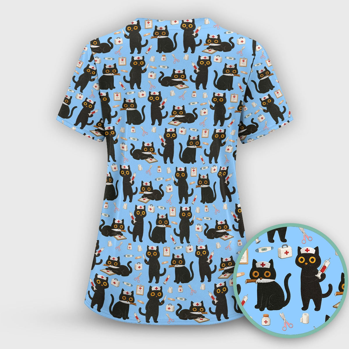 Cute Teal Black Cat Nurse Scrub Set
