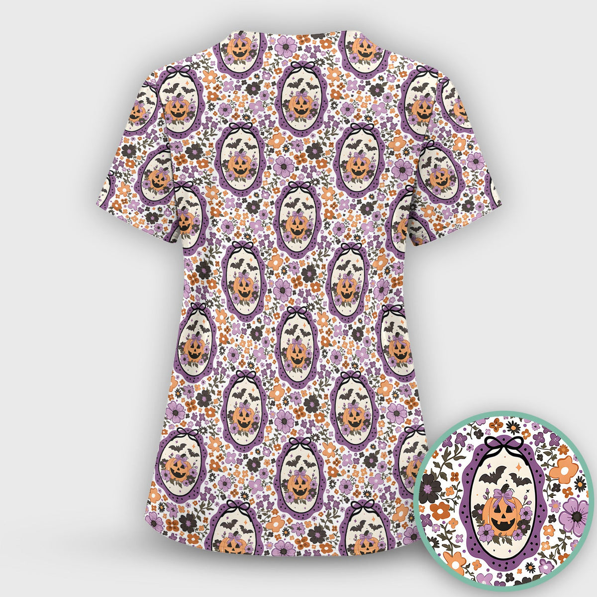 Pumpkin Floral Nurse Scrub Top - Halloween Gift