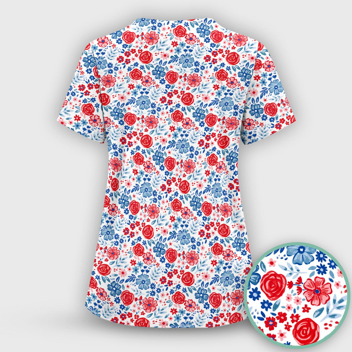 Red Blue Floral Garden Blossom Nurse Scrub Top