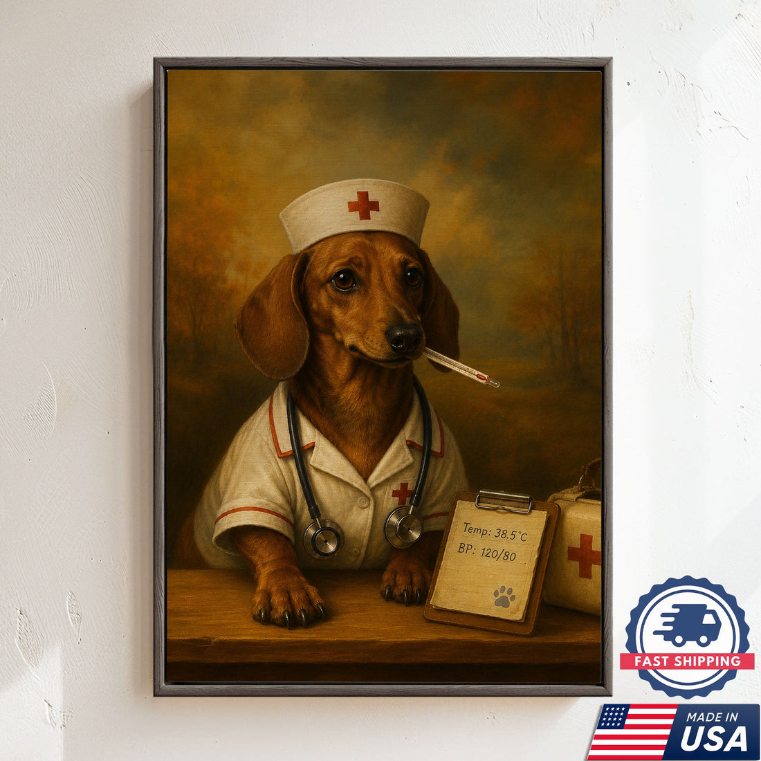 Vintage Nurse Dachshund Portrait Canvas