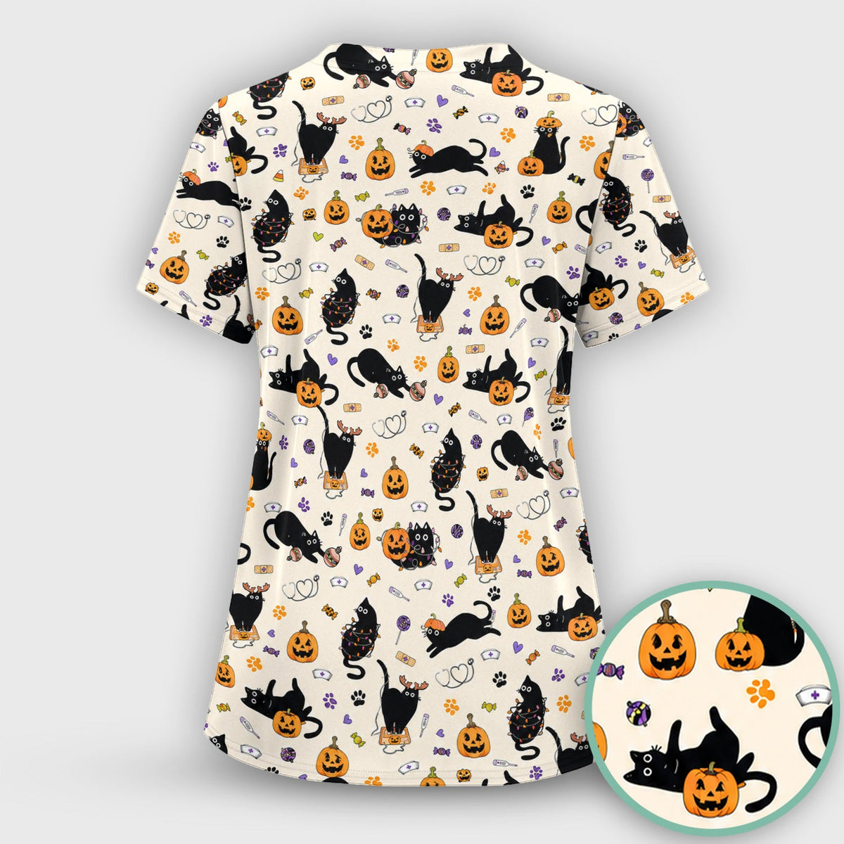 Pumpkin Black Cat Nurse Scrub Top