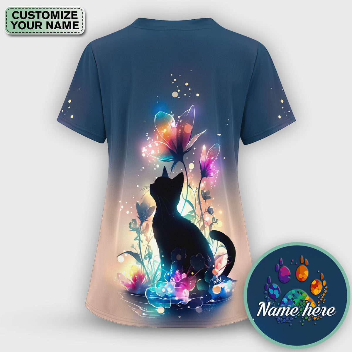 Personalized Cat Floral Glow Nurse Scrub Top
