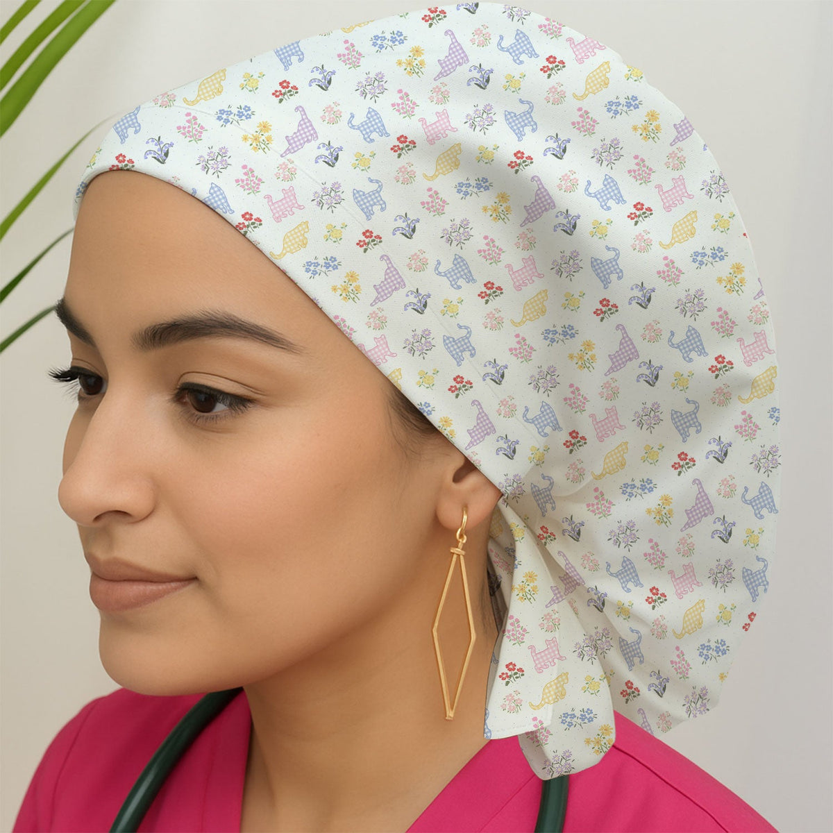 Pastel Cat Floral Nurse Scrub Cap