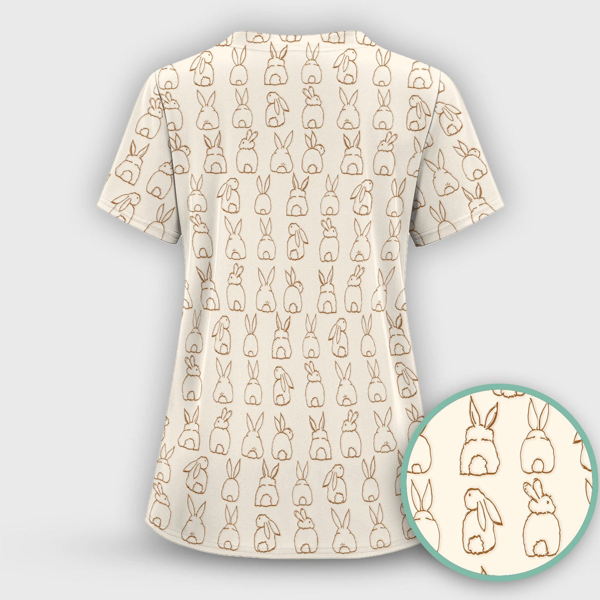 Cartoon Bunny Line Art Nurse Scrub Top - Easter Gift