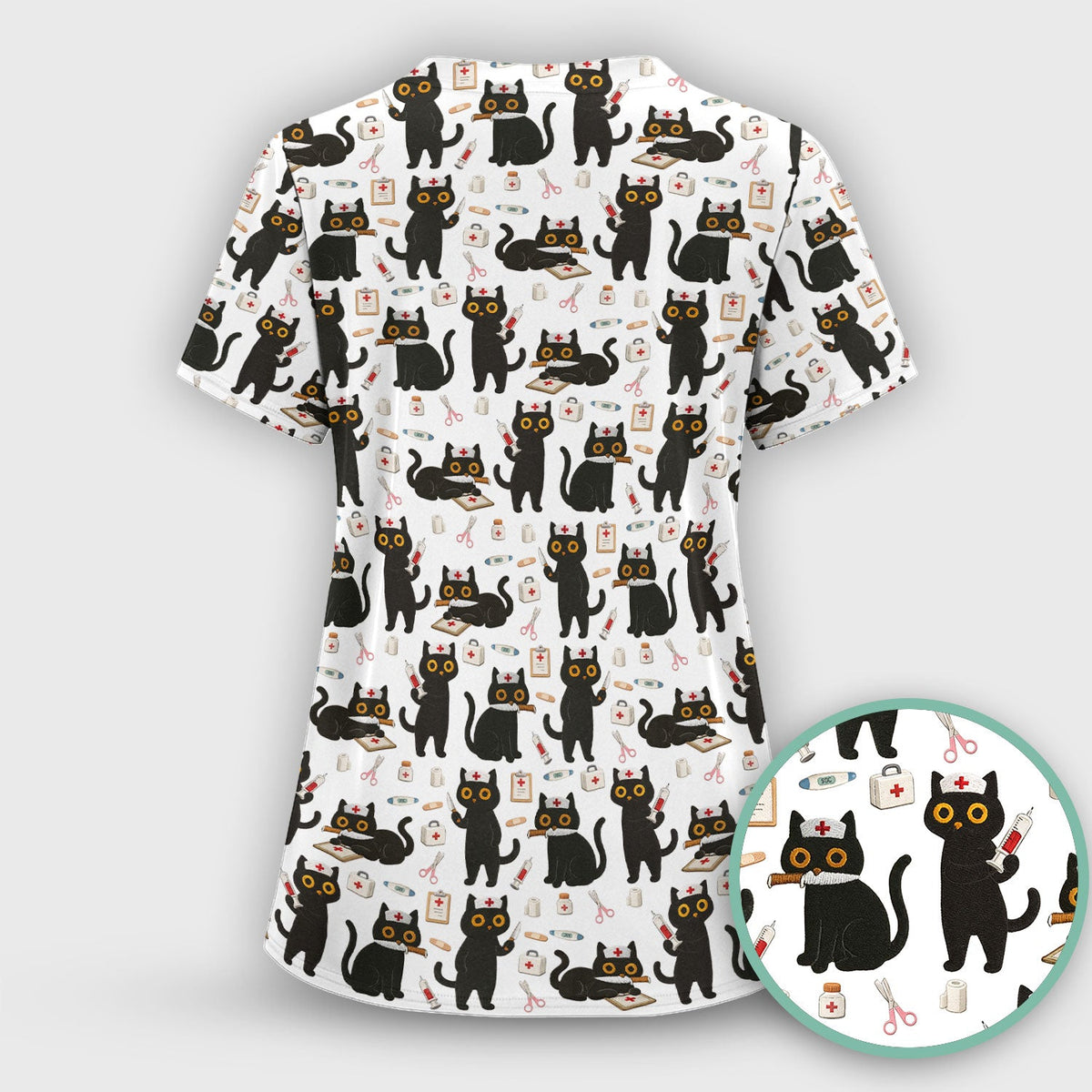 Cute Black Cat Nurse Scrub Top