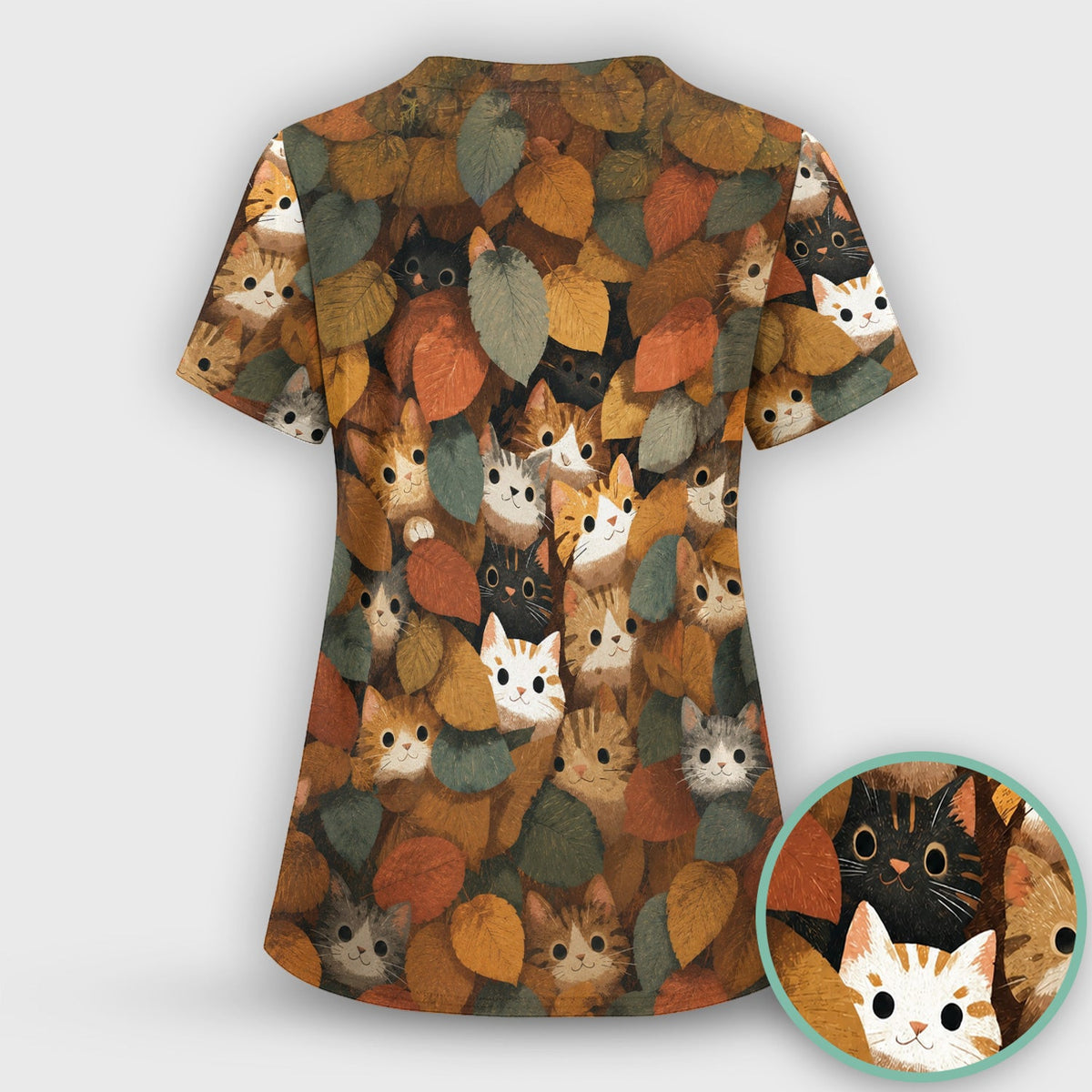 Cute Autumn Cat Leaf Pile Nurse Scrub Set
