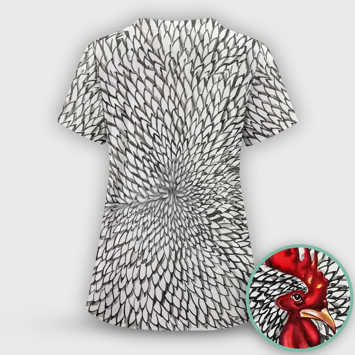 Watercolor Rooster Feather Nurse Scrub Top
