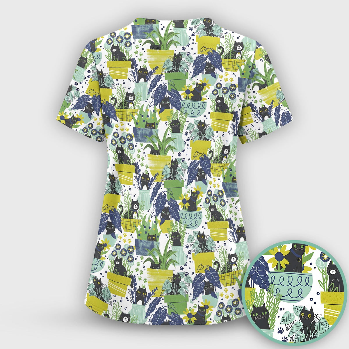 Black Cat Planter Garden Nurse Scrub Top