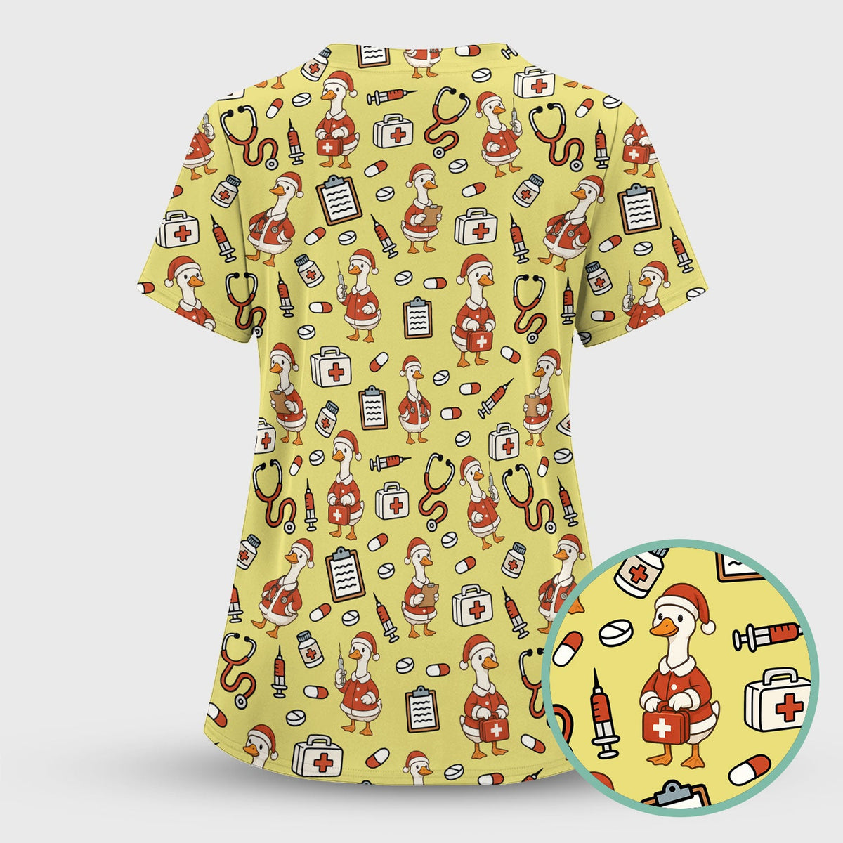 Santa Duck Nurse Scrubs - Christmas Print Medical Shirt for Women Men - Funny Holiday Scrub Top for RN CNA Doctor, Cute Xmas Gift