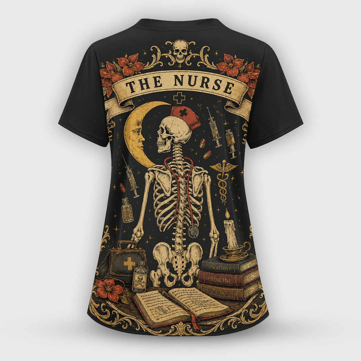 Breast Cancer Skeleton Nurse Scrub Top