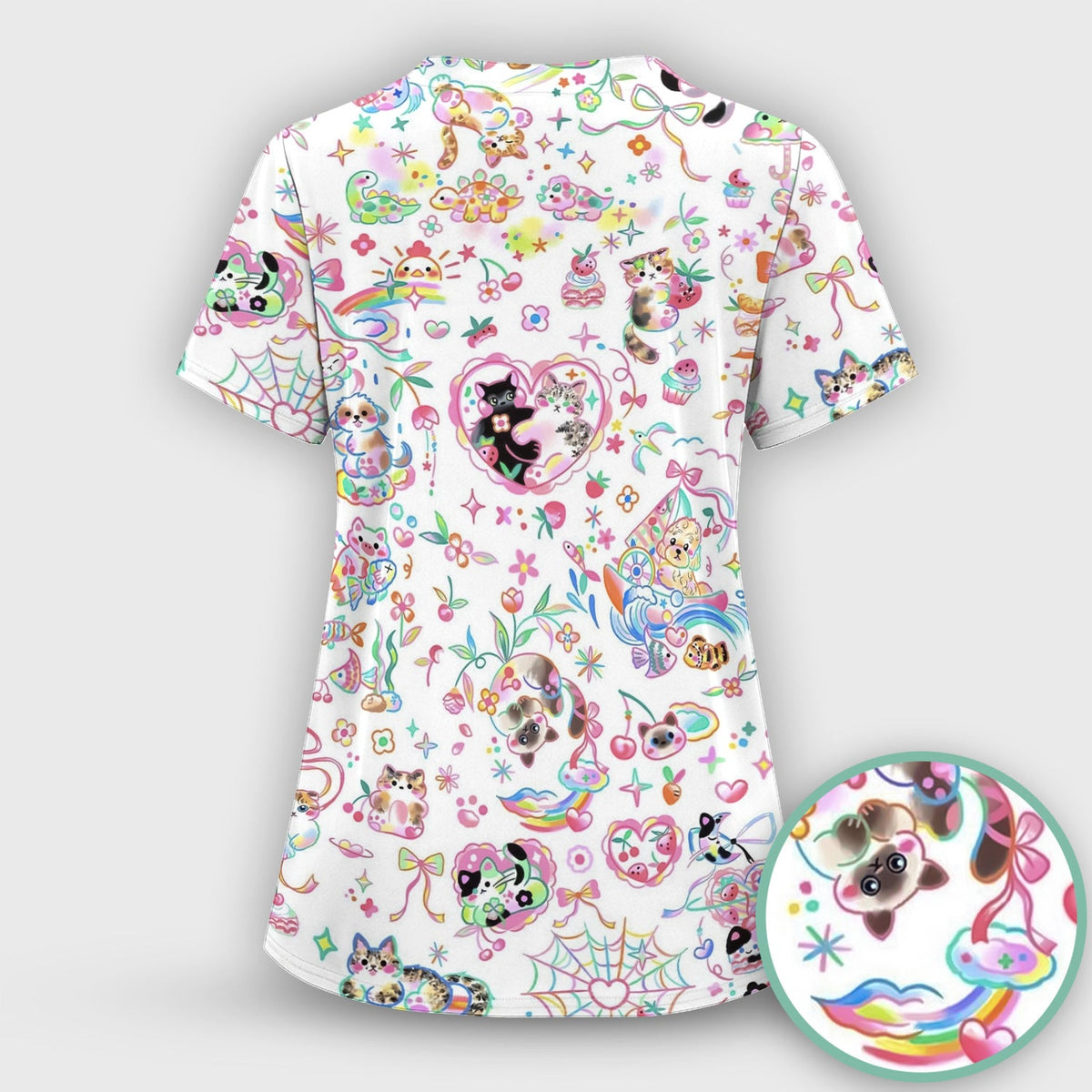 Kawaii Animal Rainbow Heart Nurse Scrub Top