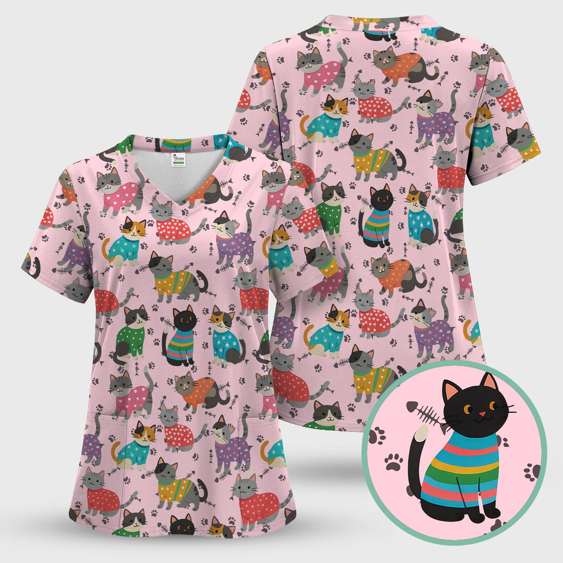 Colorful Kitty Cat Nurse Scrub Top