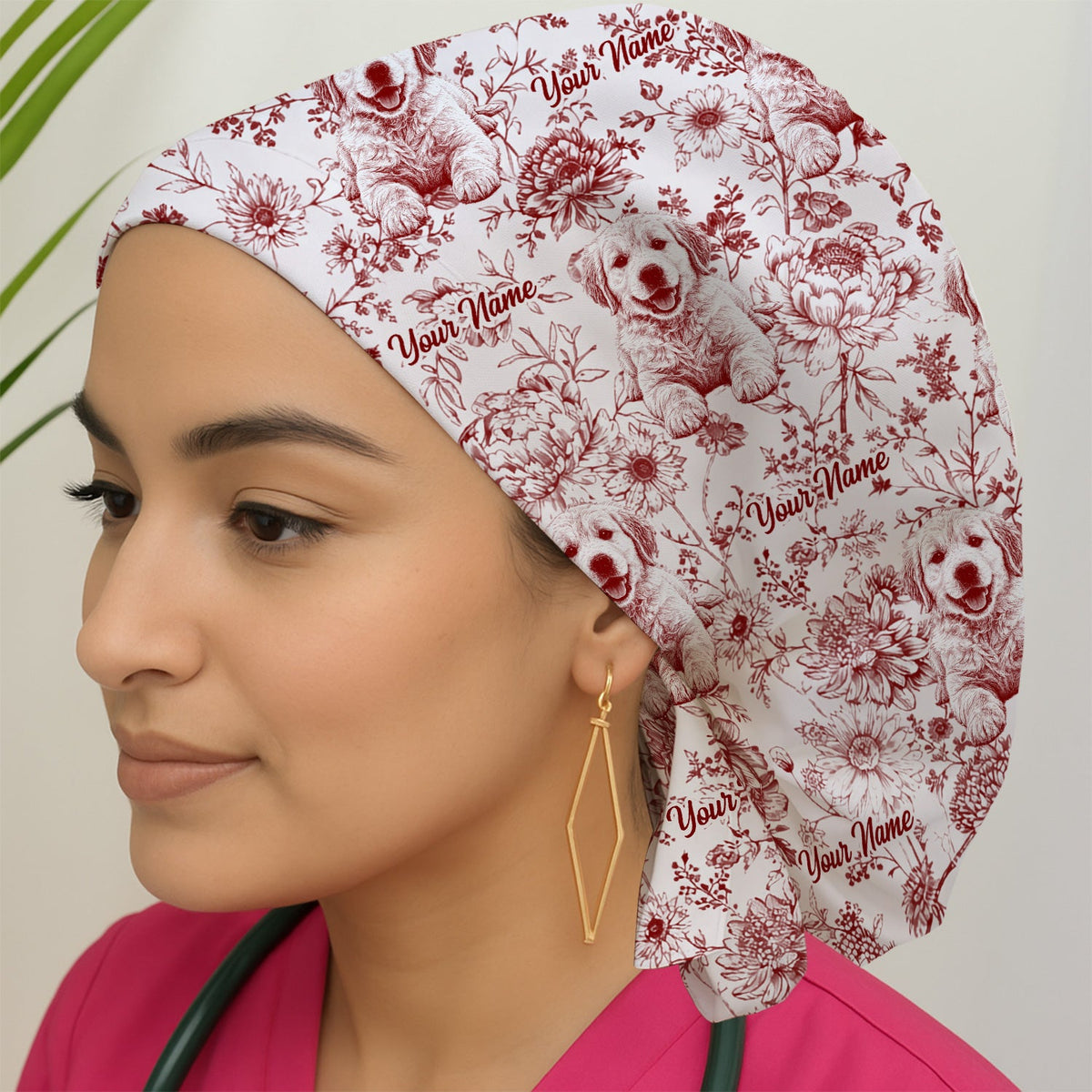 Personalized Pet Photo Floral Scrub Cap