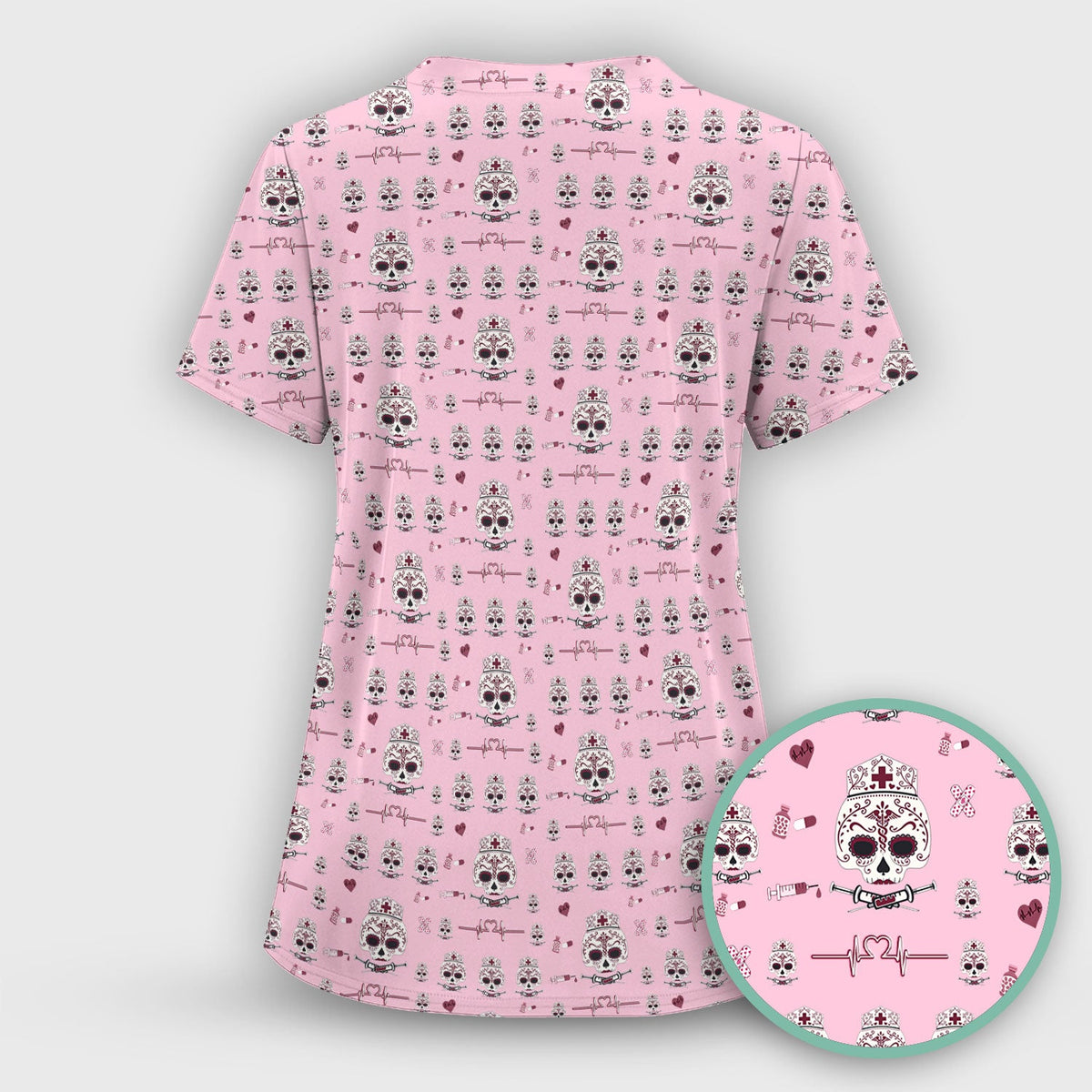 Sugar Skull Scrub Top, Skull Pattern Scrub Shirt, Breathable Fabrics Nursing Uniform
