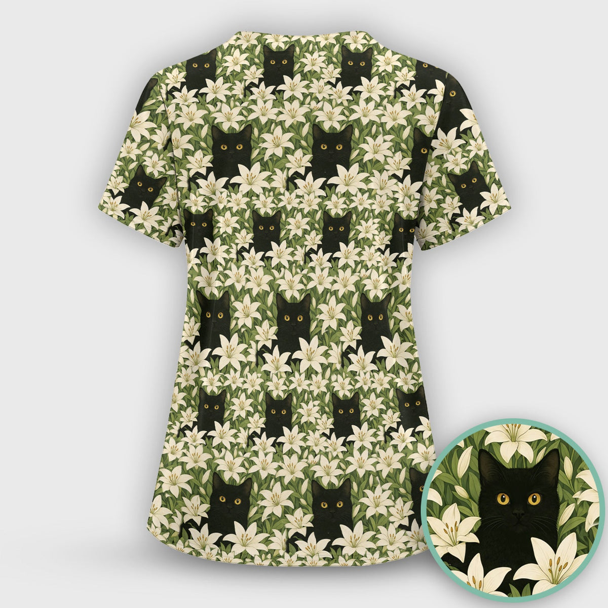 Black Cat Hidden In Lily Garden Nurse Scrub Set