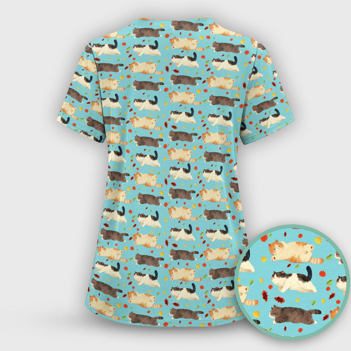 Chubby Cat Autumn Leaves Nurse Scrub Top