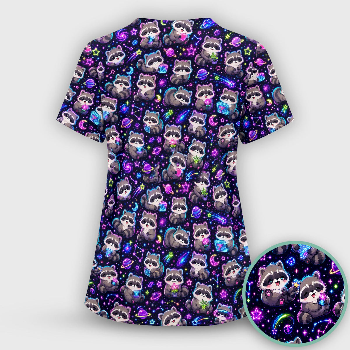 Neon Galaxy Raccoon Space Nurse Scrub Set