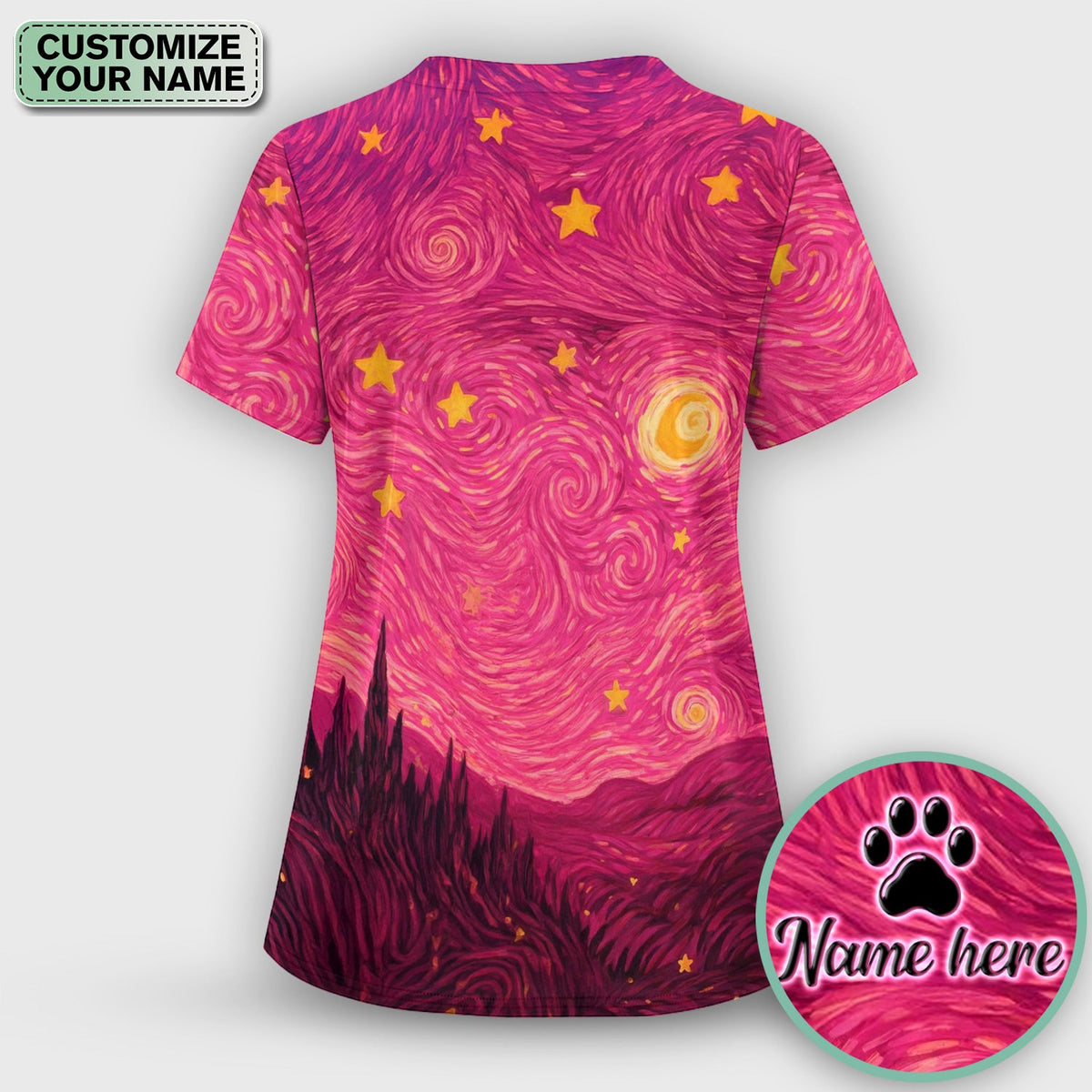 Personalized Black Cat Galaxy Star Swirl Nurse Scrub Set