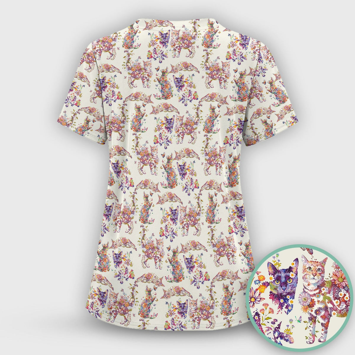 Whimsical Floral Cat Garden Nurse Scrub Set