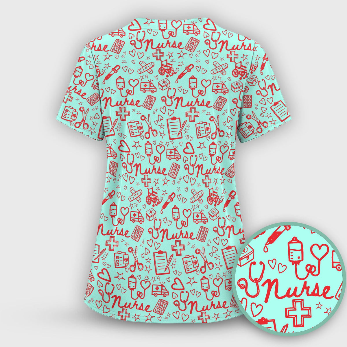 Cute Nurse Heart Medical Pattern Scrub Top, Comfortable Scrubs for Nurses