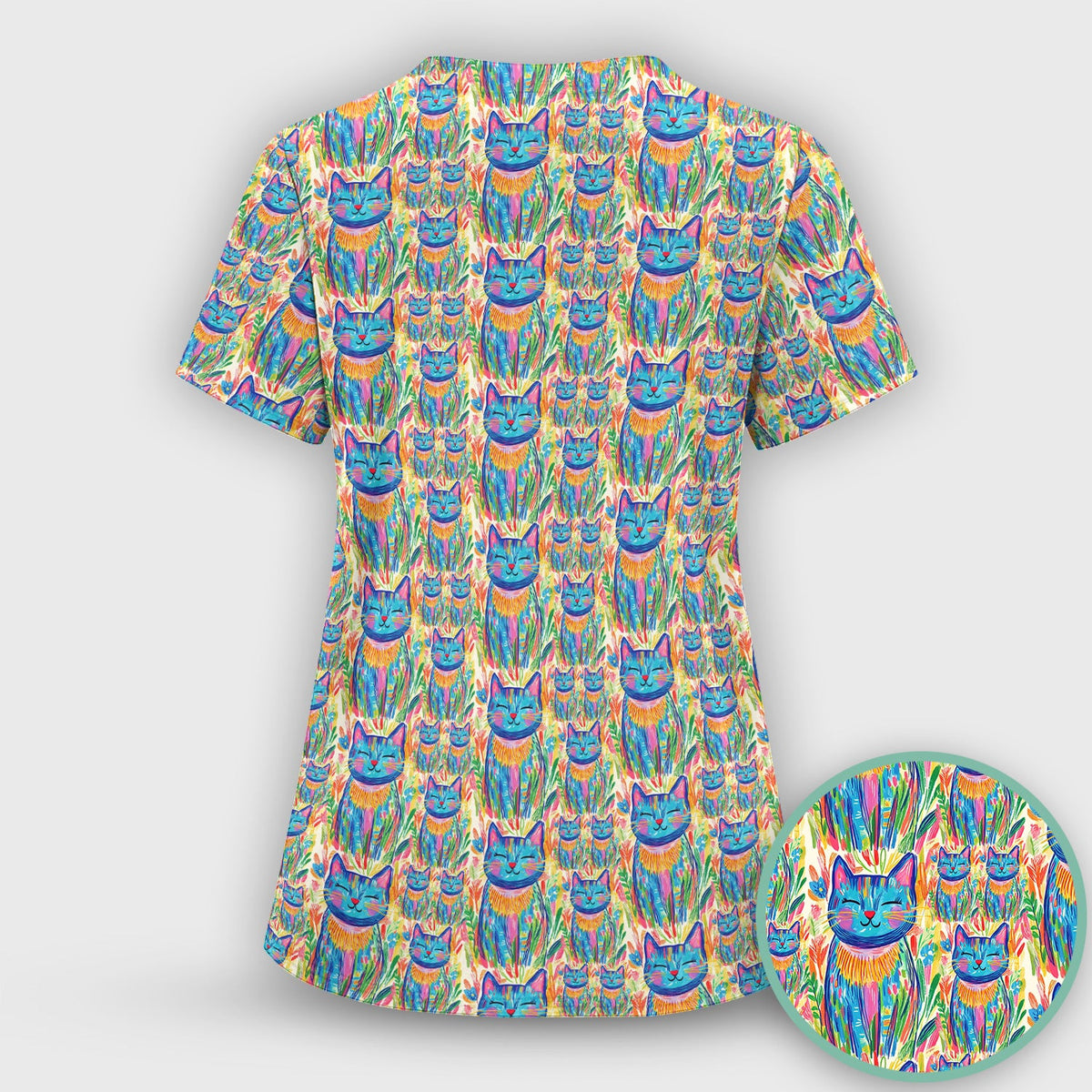 Colorful Rainbow Cat Floral Brushstroke Nurse Scrub Top