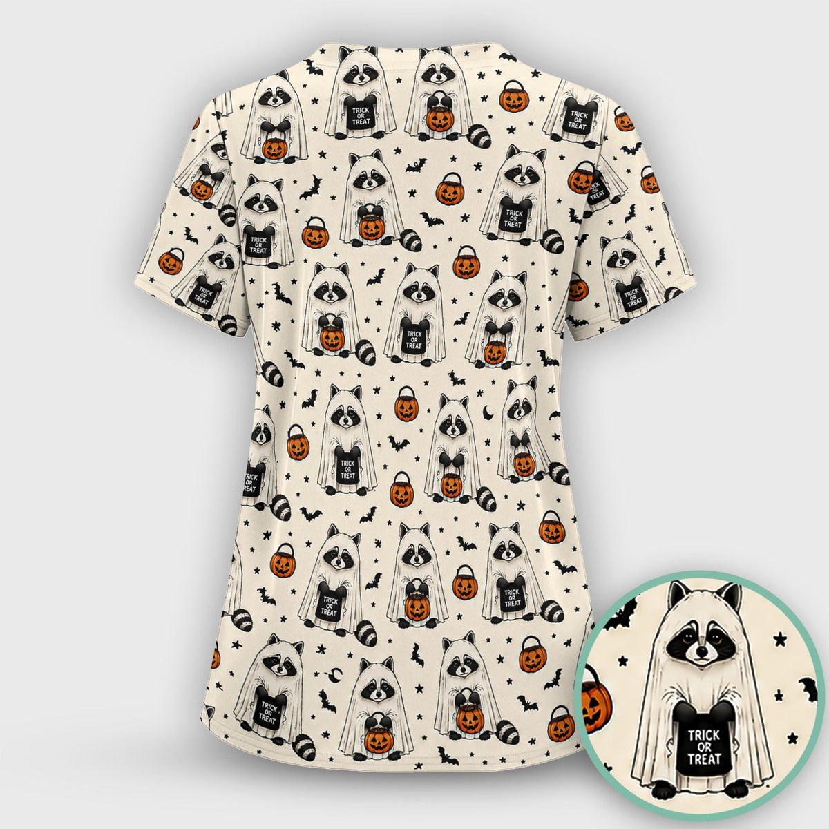 Halloween Ghost Raccoon Nurse Scrub Top