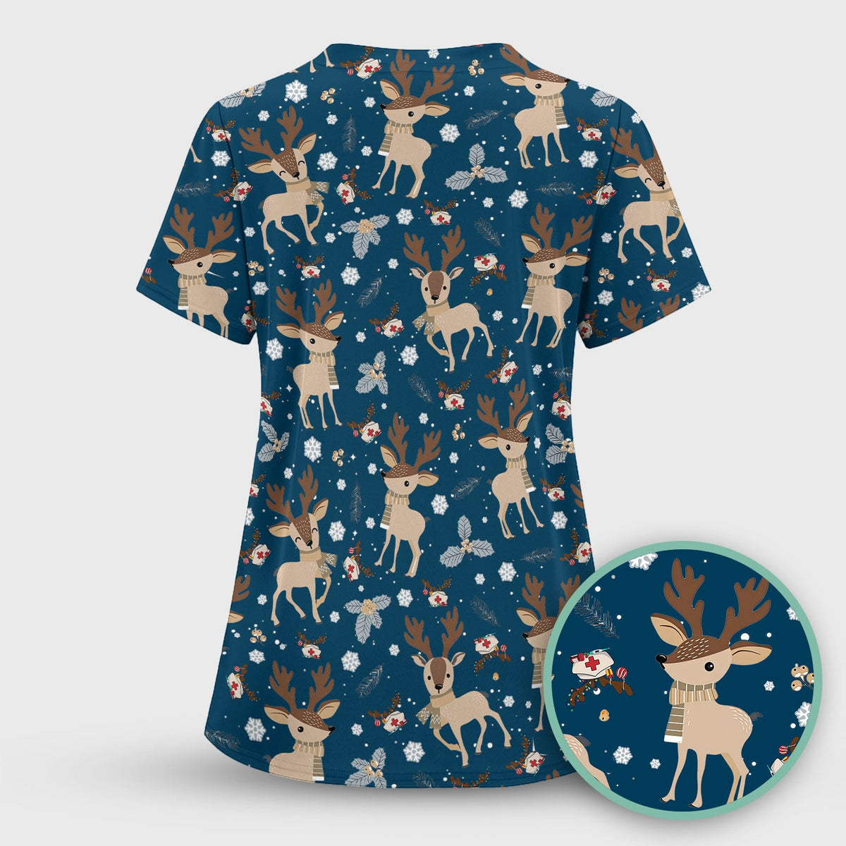 Reindeer Christmas Scrub Top - Cozy Beige Holiday Nurse Shirt with Cute Deer Pattern - Festive Medical Scrubs for Women RN CNA LPN