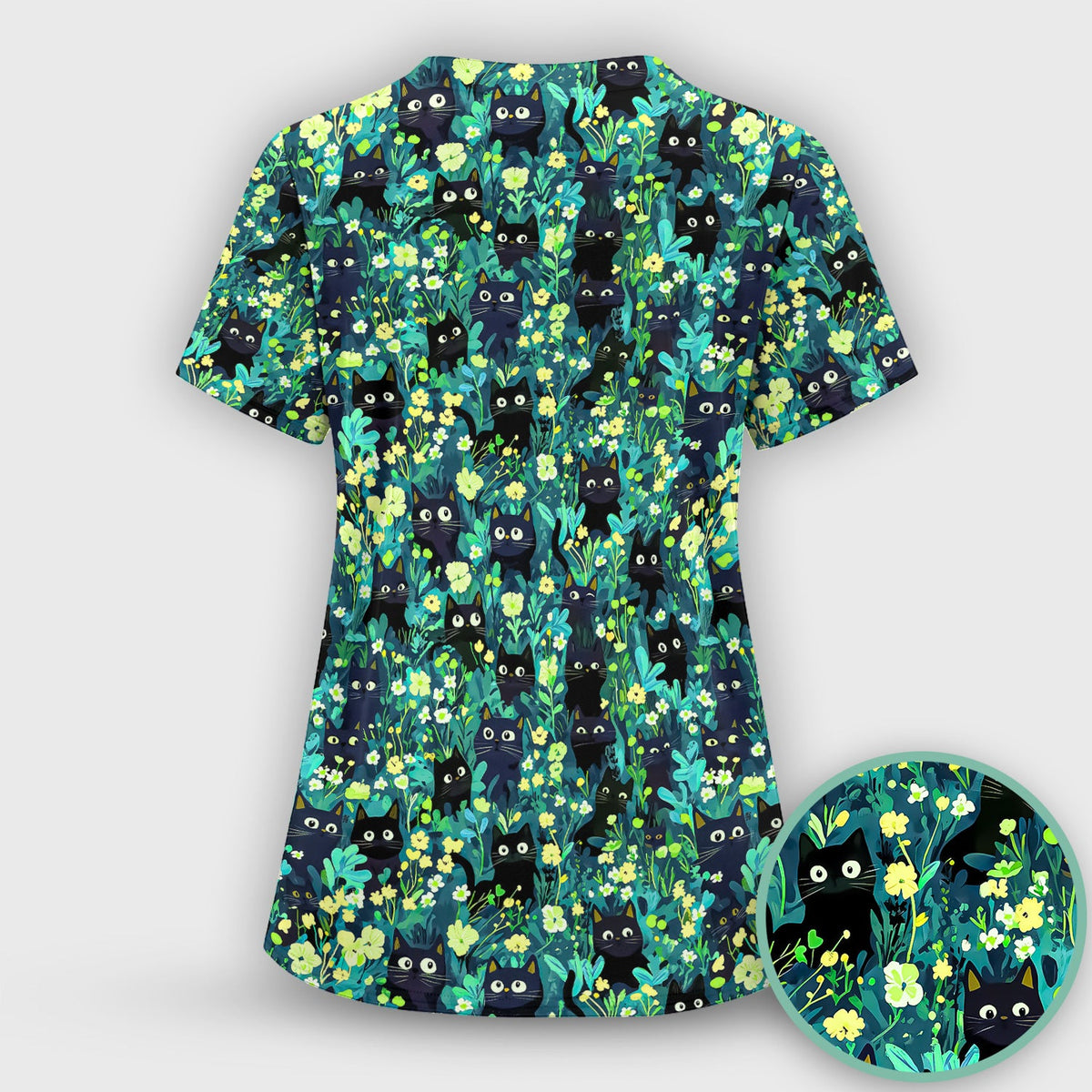 Black Cat Floral Nurse Scrub Top