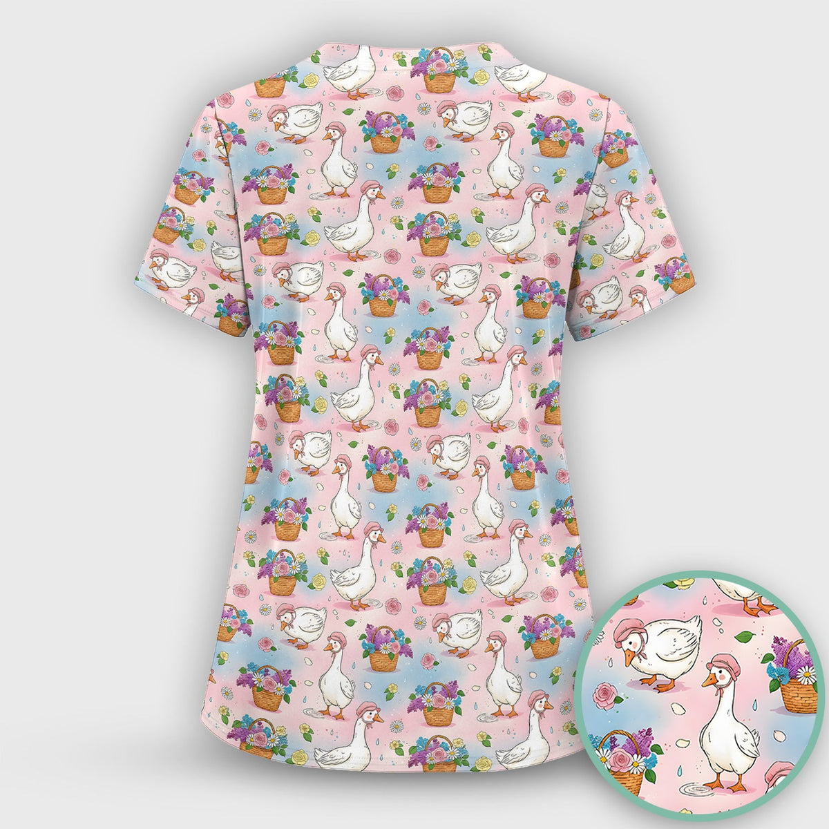 Spring Goose Flower Basket Nurse Scrub Top