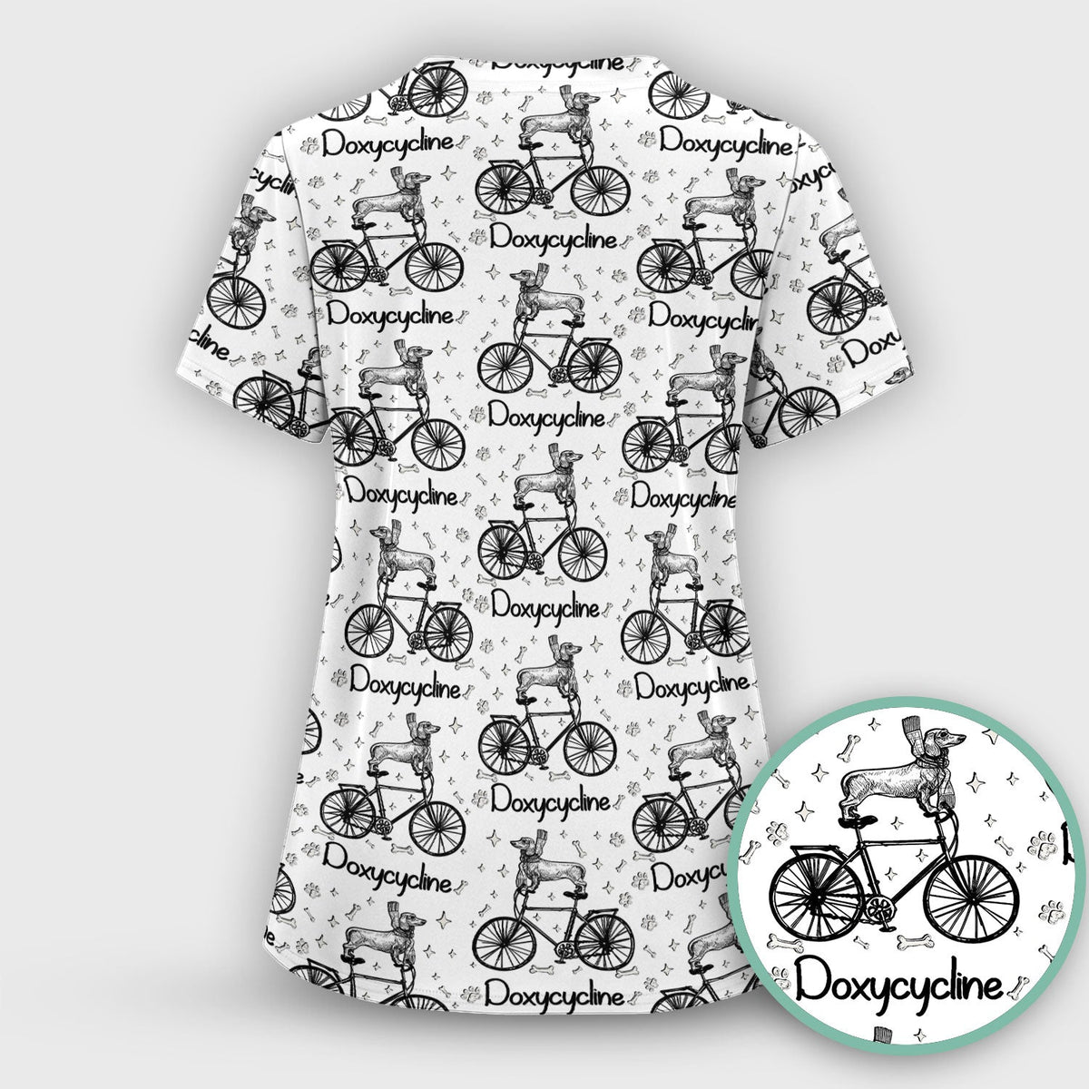 Funny Doxycycline Dog Bicycle Print Scrub Top, Comfortable Scrubs for Nurses