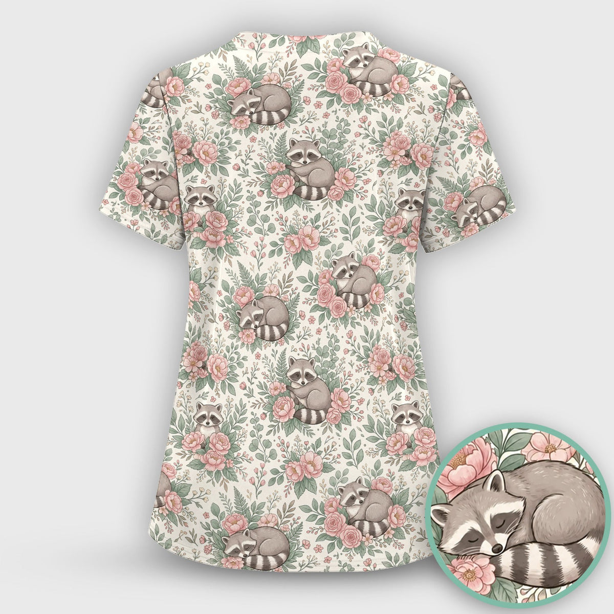Sleeping Raccoon Rose Garden Nurse Scrub Top