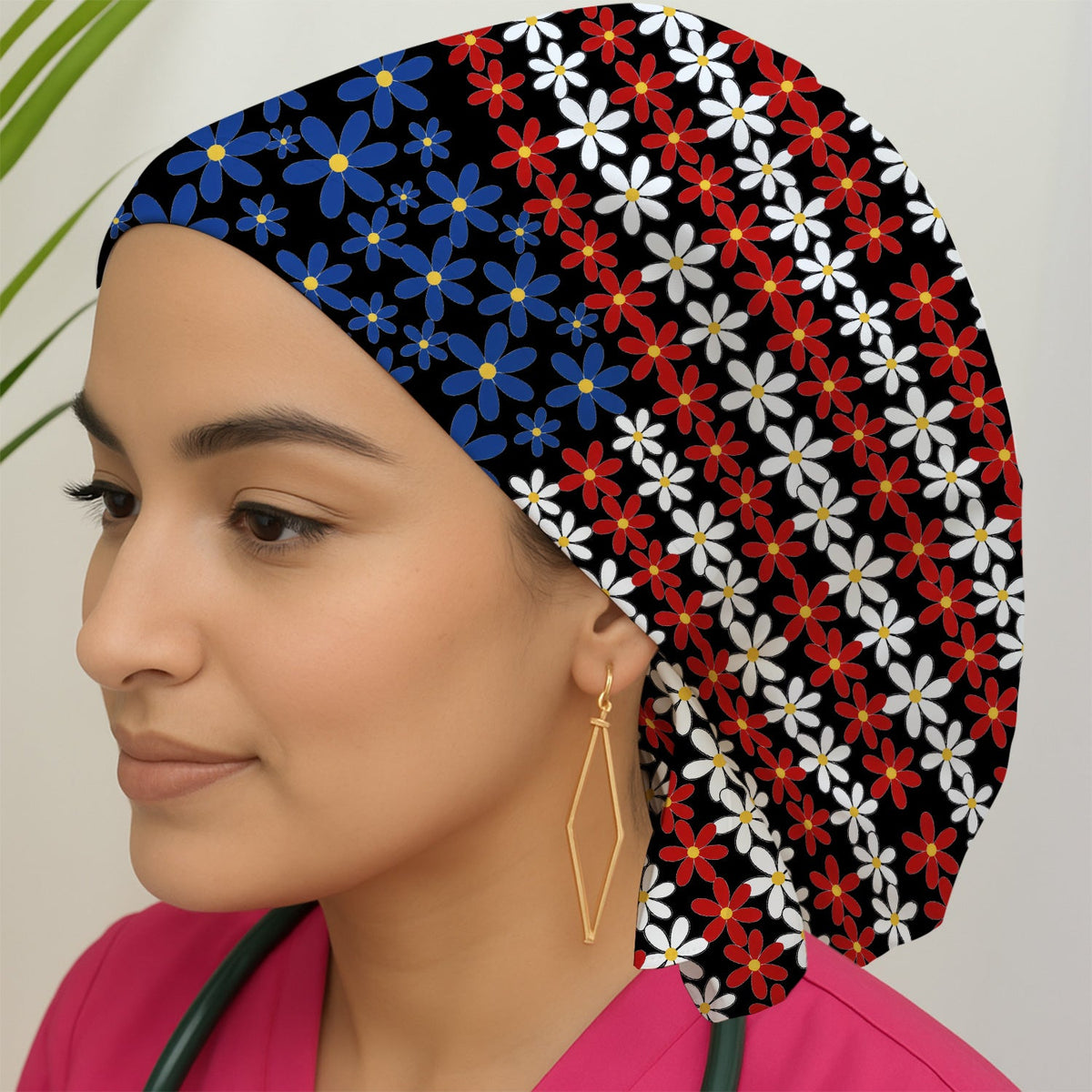 Retro Red Blue Daisy Scrub Cap