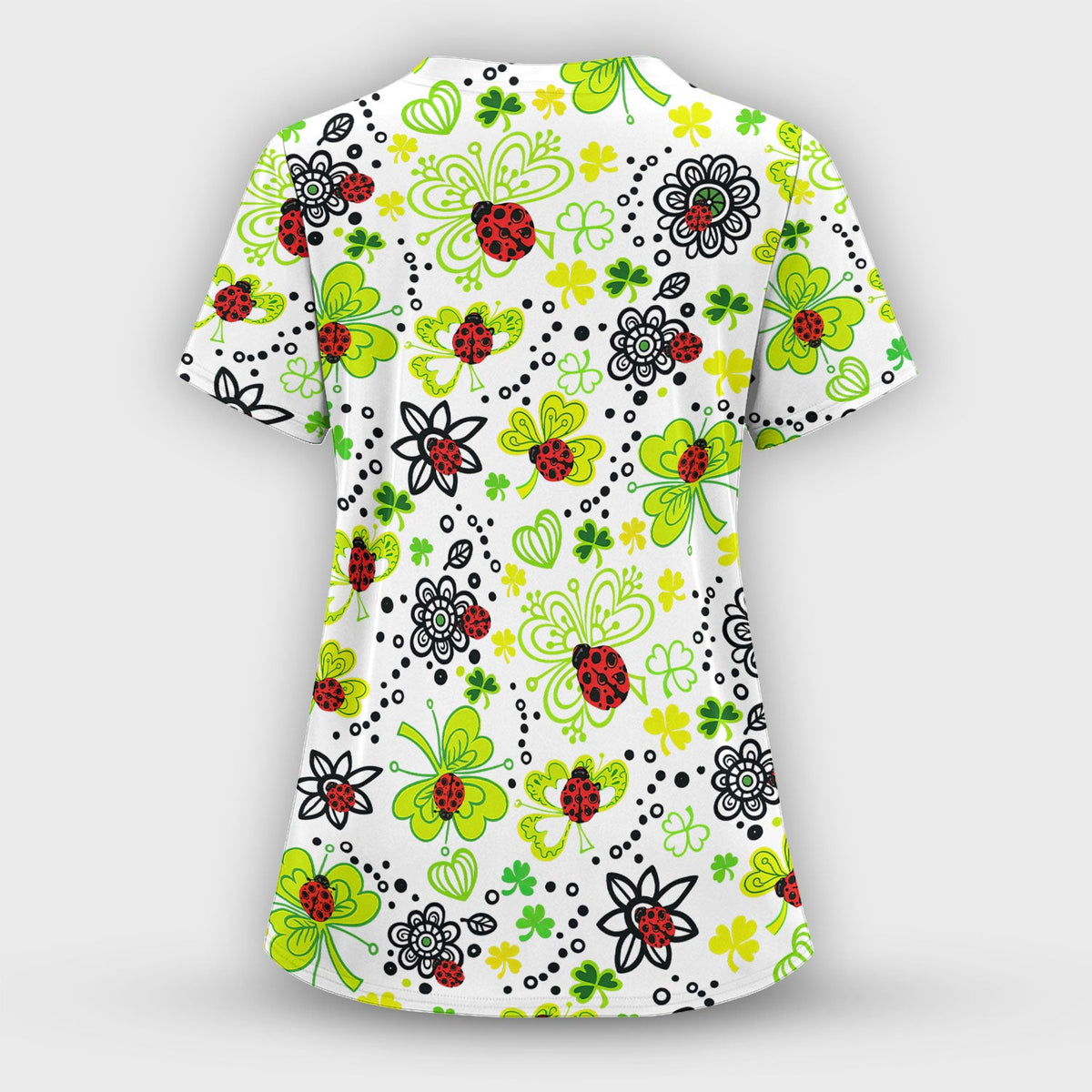 Ladybug Clover Floral Pattern Print Scrubs Nurses, Breathable Fabrics Nursing Uniform