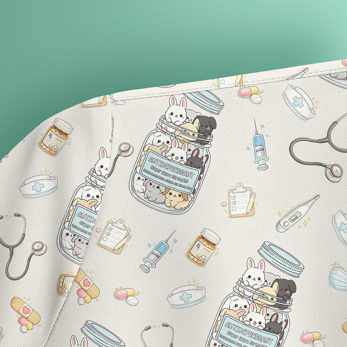 Whimsical Antidepressant Rabbit Jar Nurse Scrub Top