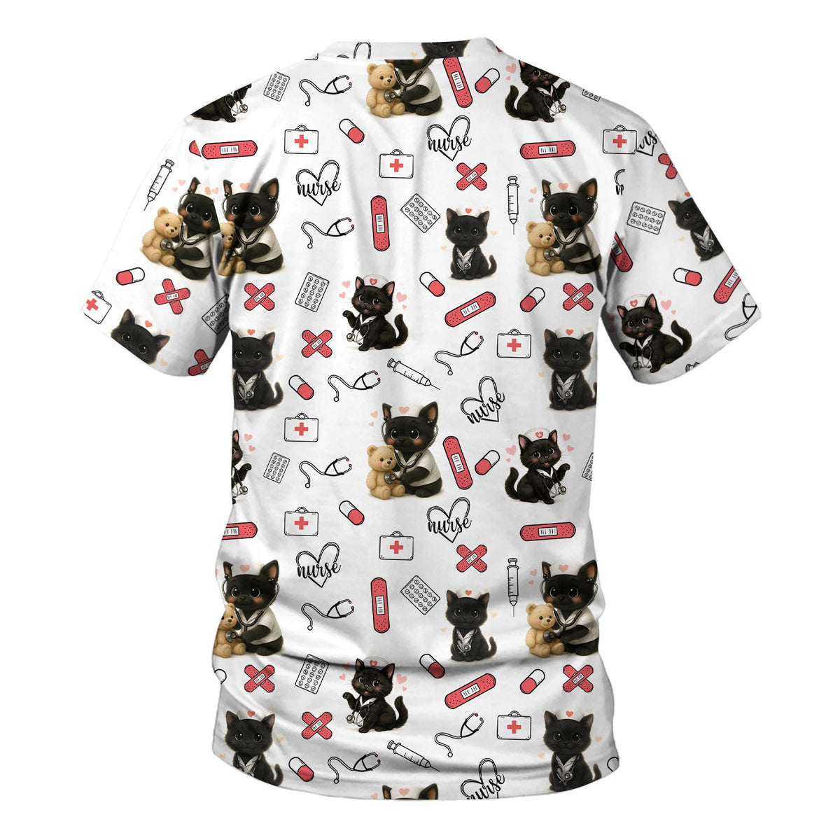 Cute Black Cat Nurse Scrub Top for RN CNA LPN - Funny Kitty Medical Pattern Uniform - Gift for Cat Loving Healthcare Women