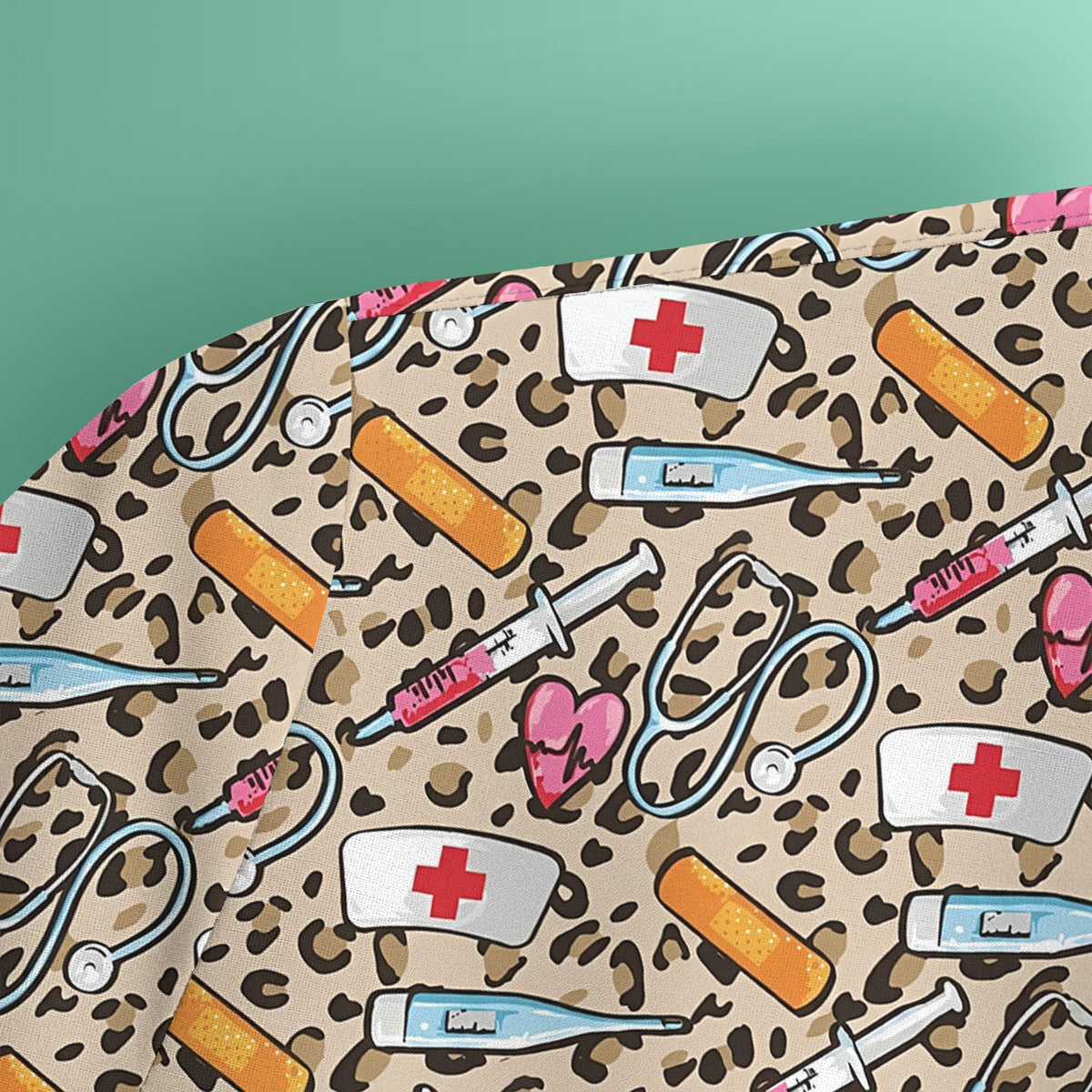 Leopard Medical Tools Pink Heart Nurse Scrub Top