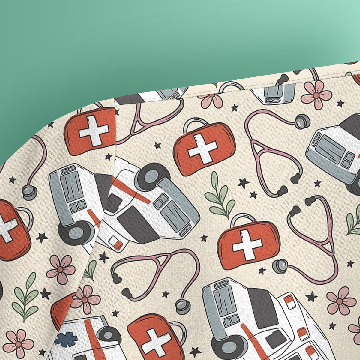 Ambulance Stethoscope First Aid Floral Nurse Scrub Top