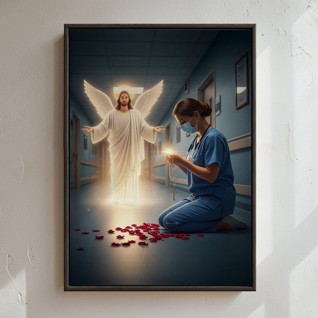 Jesus Christ Angel And Nurse With Rosary Canvas