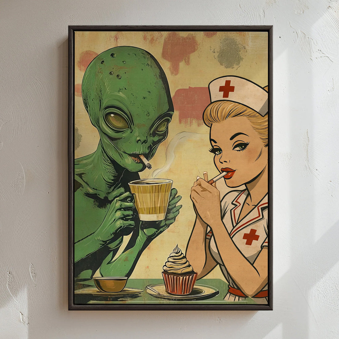 Vintage Alien Smoking Coffee Nurse Canvas