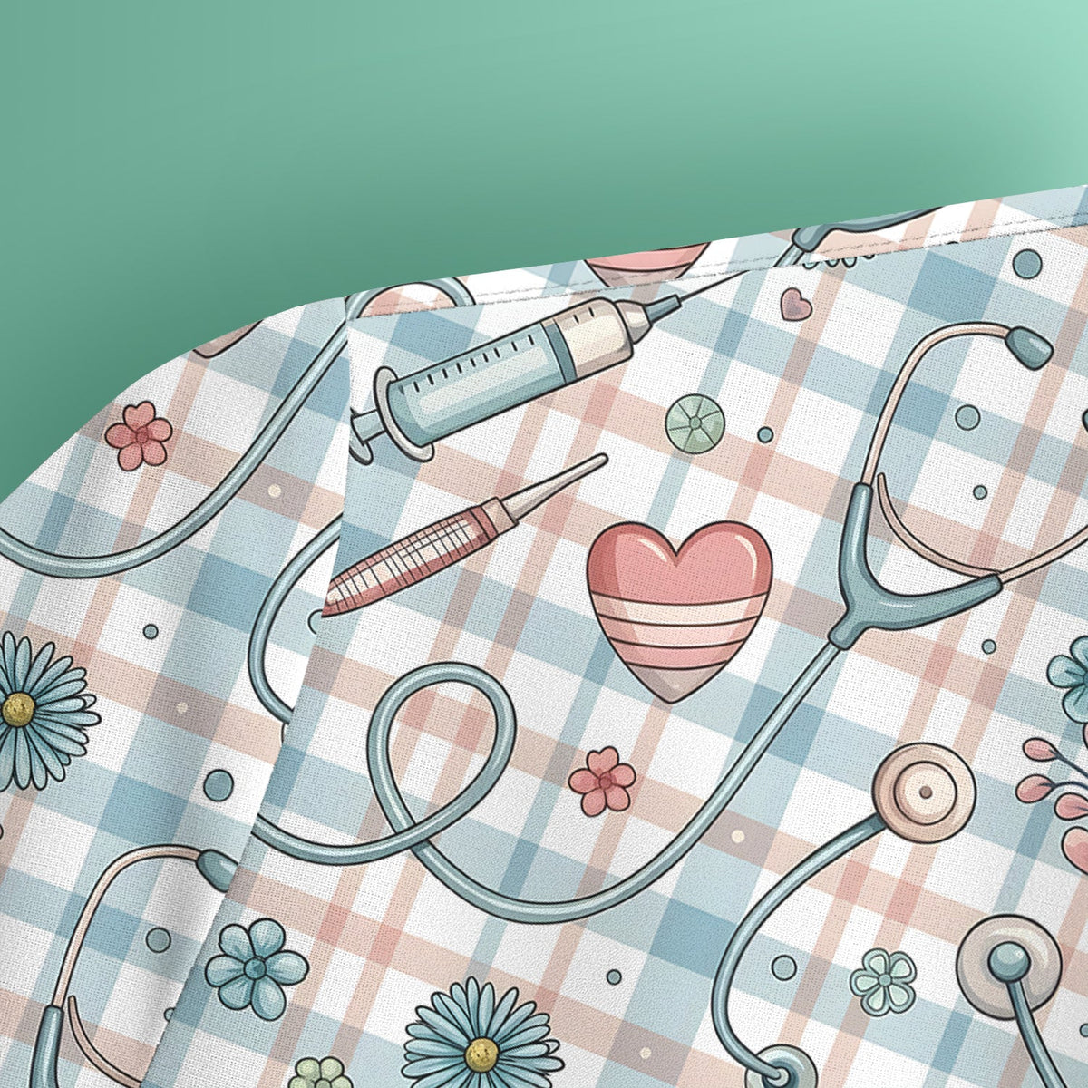 Stethoscope Heart Syringe Floral Plaid Nurse Scrub Top