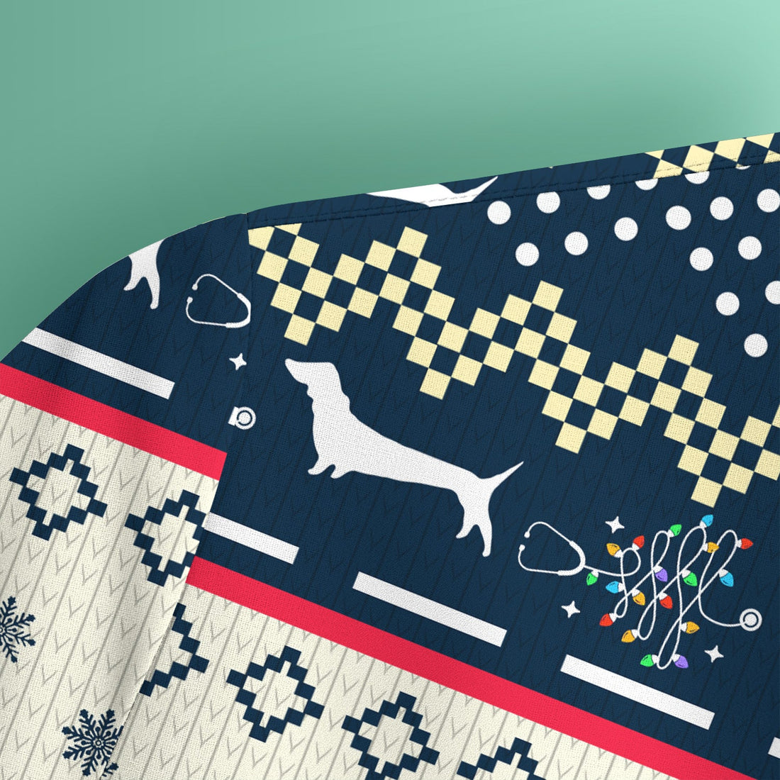 Christmas Dachshund Scrub Top, Cute Wiener Dog Holiday Medical Uniform, Funny “Dachshund Through The Snow” Scrubs For Nurse Or Dog Lover