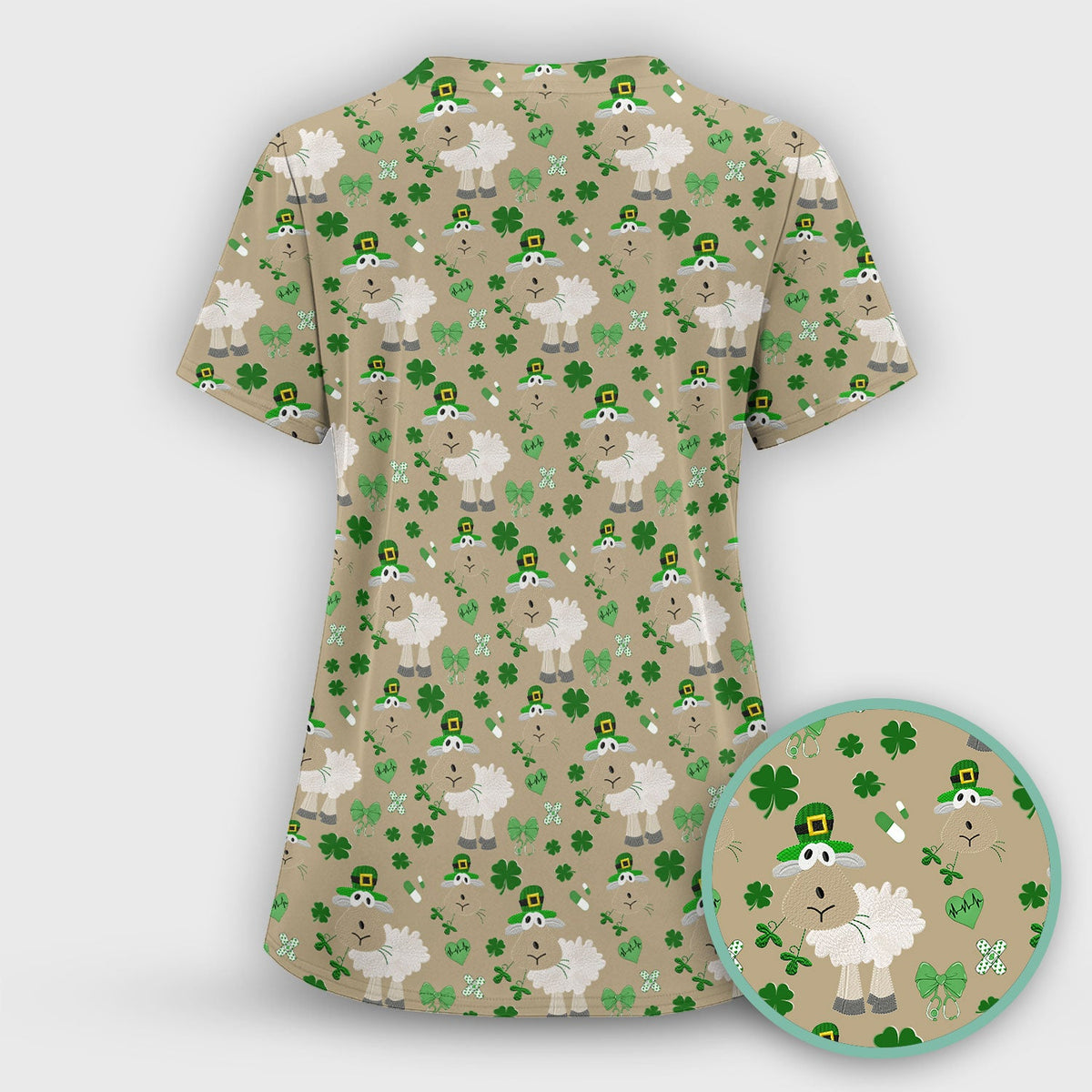 Nurse St. Patrick's Day Scrubs Top, Cute Sheep Shamrock Pattern Nurse Shirt, Breathable Fabrics Nursing Uniform