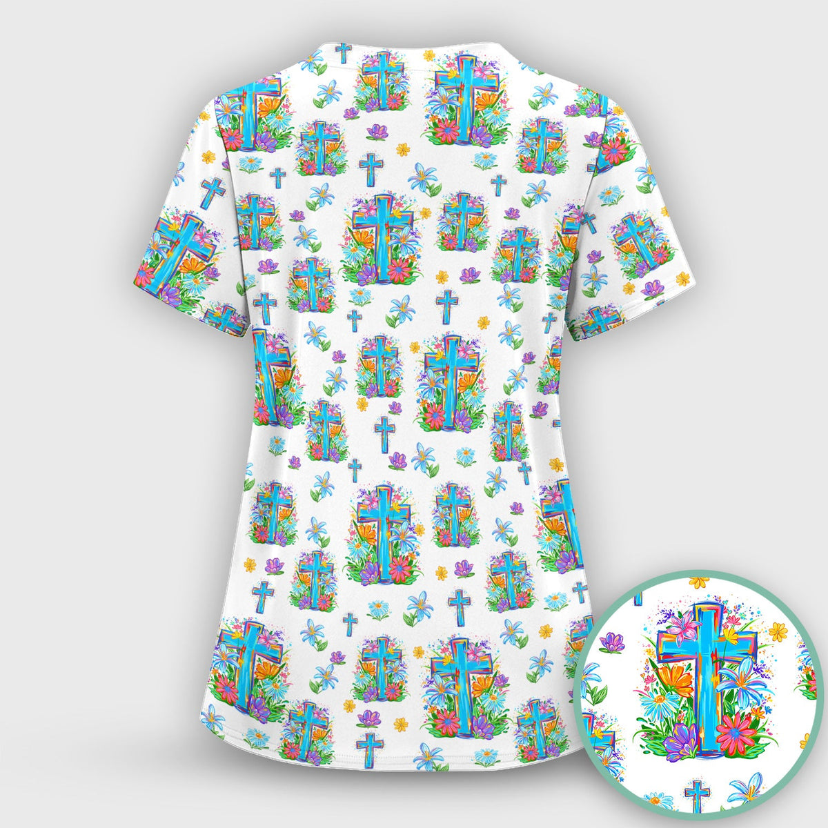 Christian Floral Cross Spring Pattern Scrub Top, Comfortable Scrubs for Nurses