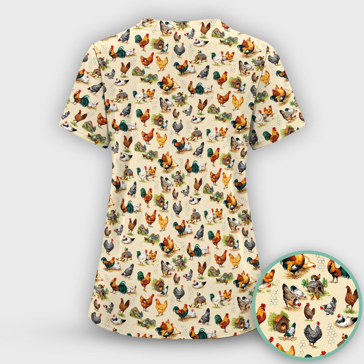 Farm Chicken Rooster Coop Pattern Scrub Top, Comfortable Scrubs for Nurses